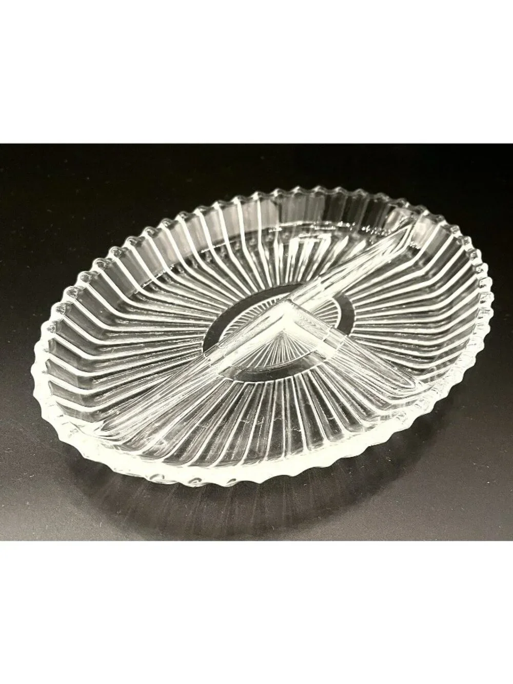 Retro Starburst Pressed Glass Divided Relish Dish 8.5” Scalloped Edge Ribbed